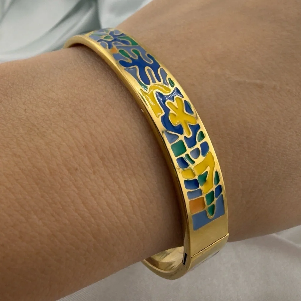 Colorful Anthropologie Gold Bracelet with Blue and Yellow Enamel